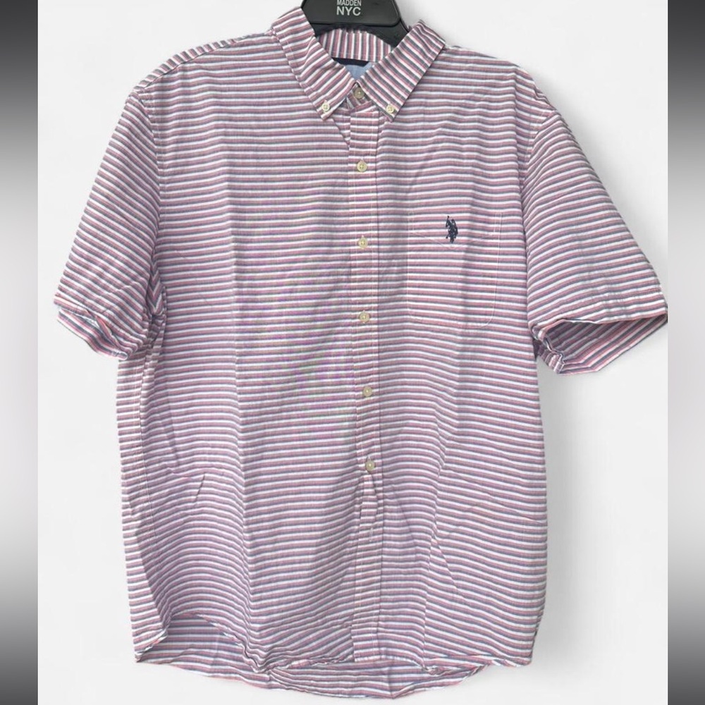 U.S. Polo Assn. Short-Sleeve Striped Button-Down Shirt — Red & White